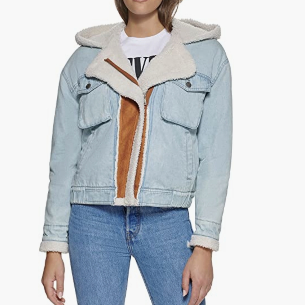 Levi's® Cotton Denim Bomber Jacket with Faux Shearling Hood and Sherpa Spill-Out